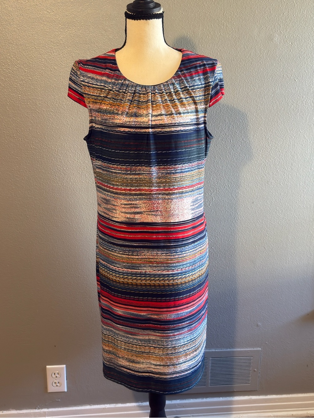 R&K Striped Cap-Sleeve Sheath Dress in Navy, Red, and Cream size large